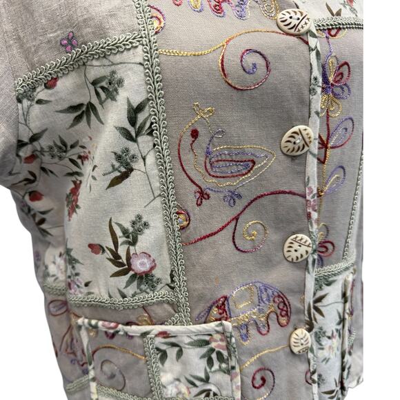 NEW!!"REVERSABLE" Artsy ,Floral, Cottage Core, Embroidered, 100% Linen,Blazer,PM - Picture 3 of 15